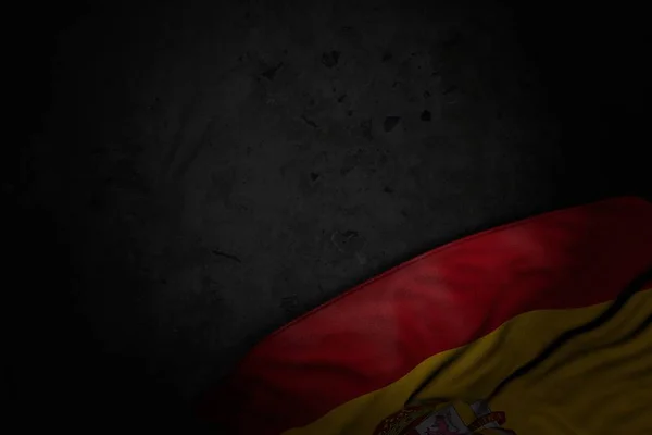 Cute dark illustration of Spain flag with big folds on black stone with empty space for text - any occasion flag 3d illustration — Stock Photo, Image