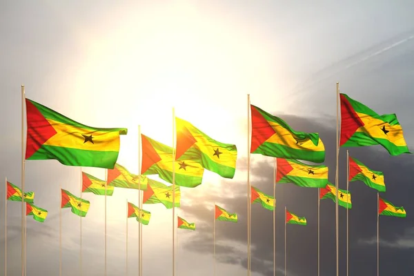 Lindo muchas banderas Santo Tomé y Príncipe en una fila en la puesta del sol con espacio libre para su texto - cualquier ilustración 3d bandera de la fiesta —  Fotos de Stock