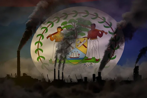 Poluição escura, luta contra o conceito de mudança climática - tubos de fábrica fumaça pesada no fundo da bandeira de Belize - ilustração 3D industrial — Fotografia de Stock
