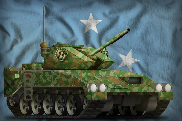 Ljus tank APC med sommar kamouflage på Mikronesiens nationella flagg-bakgrund. 3D-illustration — Stockfoto