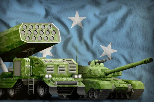 Micronesia heavy military armored vehicles concept on the national flag background. 3d Illustration