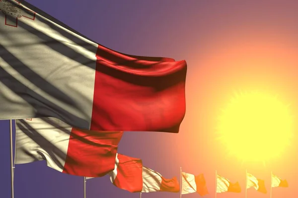 Nádherné mnohé maltské vlajky umístěné diagonálně na západ slunce s místem pro váš obsah-jakákoliv dovolená vlajka 3D ilustrace — Stock fotografie