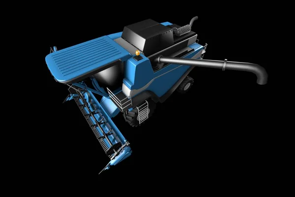 Industrielle 3D-Illustration von riesigen schönen blauen Roggen landwirtschaftlichen Mähdrescher mit Ernte Rohr freistehende Seitenansicht isoliert auf schwarz — Stockfoto