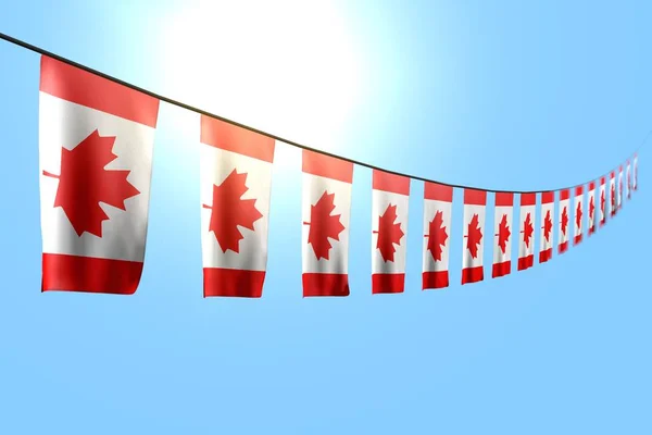 Güzel birçok Kanada bayrakları veya afiş yumuşak odak ile mavi gökyüzü arka plan üzerinde dize üzerinde diyagonal asılı - herhangi bir tatil bayrağı 3d illüstrasyon — Stok fotoğraf