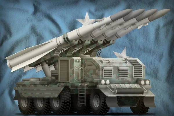 Тактичні короткого діапазону балістичної ракети з арктичним камуфляж на тлі Мікронезії національного прапора. 3D ілюстрація — стокове фото