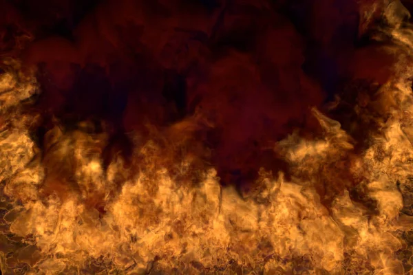 Płomienie zarówno z narożników, jak i na dole ognia ilustracji 3D płonących piekła, pół klatki z przerażającym gęsty dym izolowane na czarnym tle — Zdjęcie stockowe