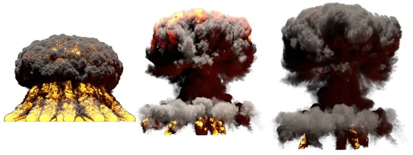3D иллюстрация взрыва - 3 больших различных фазы пожара грибной взрыв облако термоядерной бомбы с дымом и пламя изолированы на белом — стоковое фото