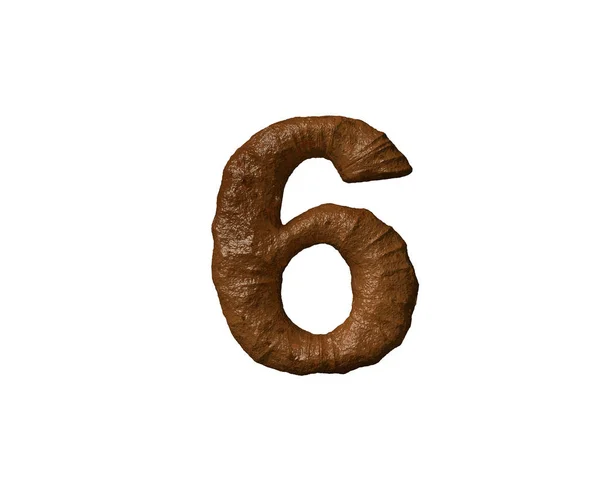 Numero 6 di cacca o sporcizia isolato su bianco - carattere marrone cattivo odore, illustrazione 3D di simboli — Foto Stock