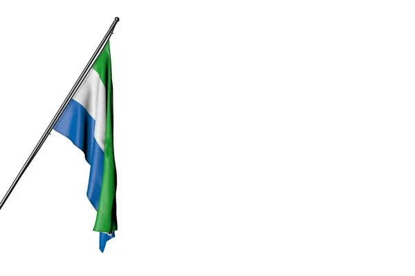 Wonderful Sierra Leone flag hanging on a in corner pole isolated on white - any celebration flag 3d illustration — Stock Photo, Image