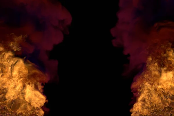 Chama de ambos os cantos inferiores - fogo ilustração 3D de fogo ardente, quadro com fumaça pesada isolado em fundo preto — Fotografia de Stock