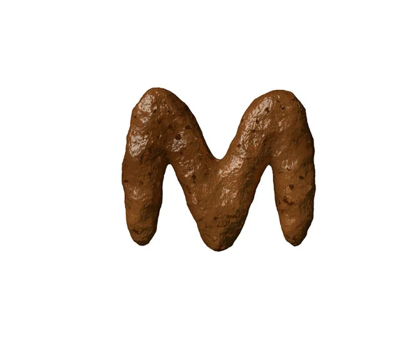 Γράμμα M από κακάκια ή βρωμιά απομονώθηκε σε λευκό-κακή οσμή καφέ αλφάβητο, 3D απεικόνιση των συμβόλων — Φωτογραφία Αρχείου
