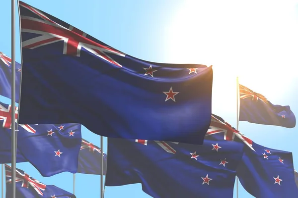 Bonito muchas banderas de Nueva Zelanda son ola sobre fondo azul cielo - cualquier ocasión bandera 3d ilustración — Foto de Stock