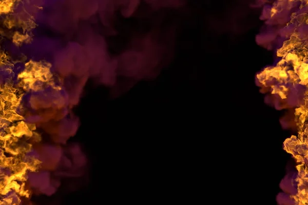 Ohnivé 3D ilustrace mystického hořícího krbu izolovaná na černém pozadí s tmavým kouřem-nahoře a dole jsou prázdné, ohnivé čáry ze stran vlevo a vpravo — Stock fotografie