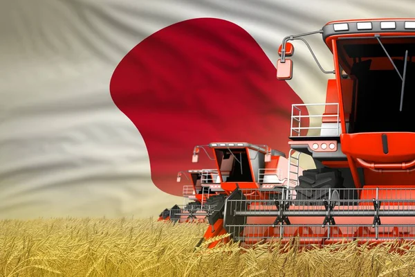 Industriële 3D-illustratie van 3 rode moderne combineren oogstmachines met Japan vlag op de boerderij Field-close View, landbouw concept — Stockfoto