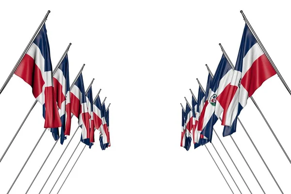 Merveilleux de nombreux drapeaux de la République dominicaine pend sur des poteaux diagonaux des côtés gauche et droit isolé sur blanc - toute occasion drapeau illustration 3d — Photo