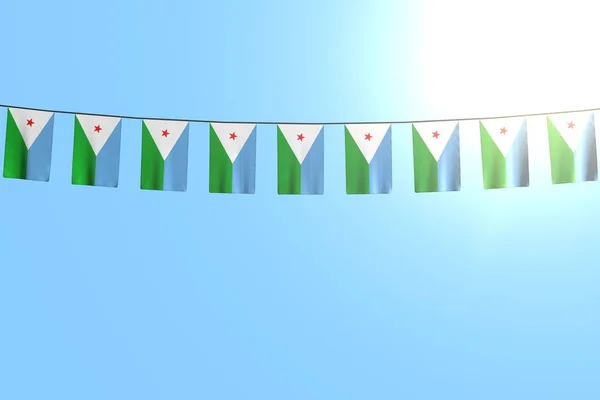 wonderful many Djibouti flags or banners hanging on rope on blue sky background - any feast flag 3d illustration