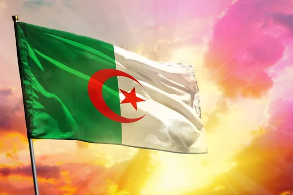 Csapkodott Algéria zászló gyönyörű színes naplemente, vagy napkelte háttérben. Sikerkoncepció. — Stock Fotó