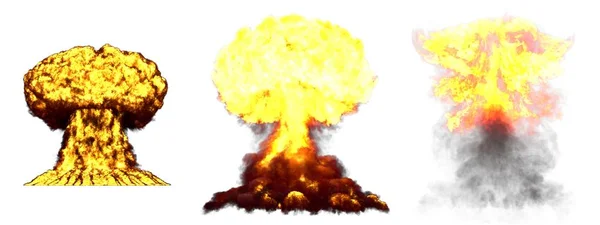 3D ілюстрація вибуху - 3 великі дуже високо деталізовані різні фази грибної хмари вибух ядерної бомби з димом і вогнем ізольовані на білому — стокове фото