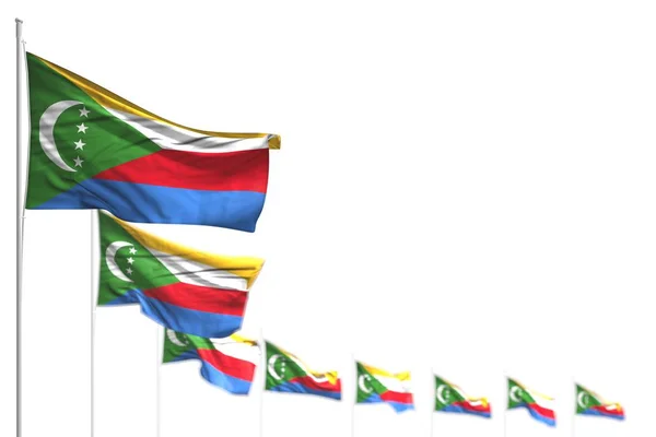 Gyönyörű Comore-szigetek elszigetelt zászlók elhelyezett diagonális, kép bokeh és helyét a szöveg-minden ünneplés zászló 3D illusztráció — Stock Fotó