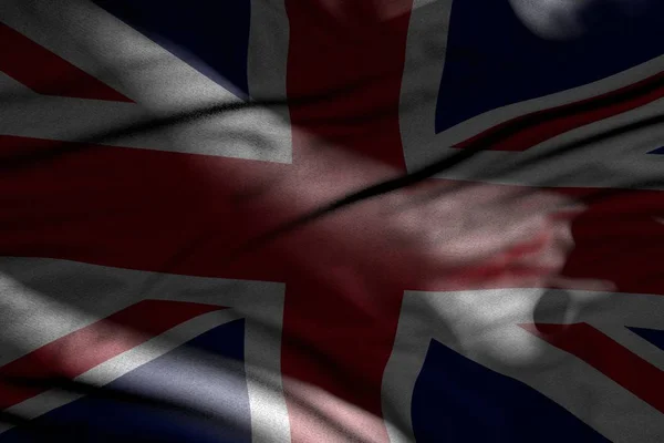Linda imagen de la bandera oscura del Reino Unido (Reino Unido) con pliegues que yacen en las sombras con manchas de luz en ella cualquier celebración bandera 3d ilustración — Foto de Stock