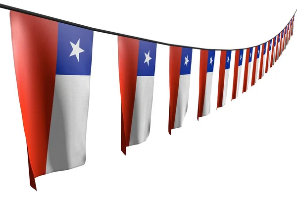 Hermosa muchas banderas de Chile o pancartas colgando diagonal con vista de perspectiva en la cuerda aislada en blanco - cualquier banquete bandera 3d ilustración — Foto de Stock