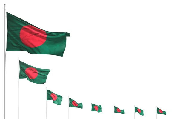 Beautiful many Bangladesh flags placed diagonal isolated on white with place for your text - any feast flag 3d illustration — Stock Photo, Image
