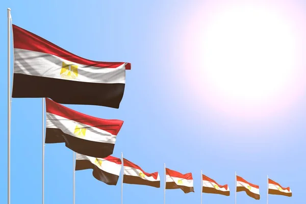 Nice many Egypt flags placed diagonal on blue sky with place for content - any holiday flag 3d illustration — Stock Photo, Image