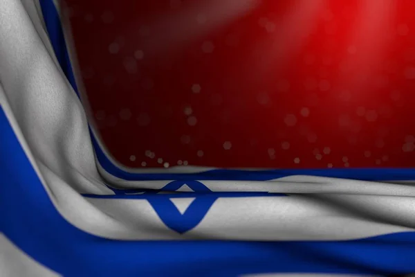 Χαριτωμένη σκοτεινή εικόνα της σημαίας του Ισραήλ κείτεται διαγώνια σε κόκκινο φόντο με επιλεκτική εστίαση και κενό χώρο για το περιεχόμενο-οποιαδήποτε σημαία γιορτή 3D εικόνα — Φωτογραφία Αρχείου