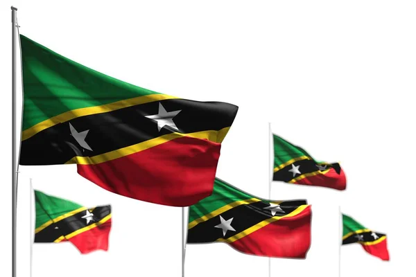 Belle cinque bandiere di Saint Kitts e Nevis sventolano isolate sul bianco - foto con bokeh - qualsiasi bandiera celebrazione 3d illustrazione — Foto Stock