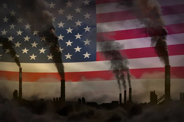 Donkere vervuiling, strijd tegen klimaatverandering concept-industrie buizen zware rook op USA vlag achtergrond-industriële 3D illustratie — Stockfoto