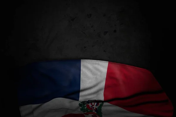 Schöne dunkle Illustration der Dominikanischen Republik Flagge mit großen Falten auf schwarzem Stein mit leerem Raum für Ihren Inhalt - jede Urlaubsfahne 3D Illustration — Stockfoto