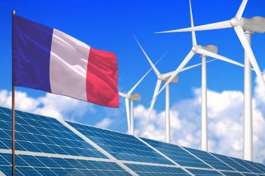 Fransa güneş ve rüzgar enerjisi, güneş panelleri ile yenilenebilir enerji kavramı - küresel ısınmaya karşı yenilenebilir enerji - endüstriyel illüstrasyon, 3d illüstrasyon