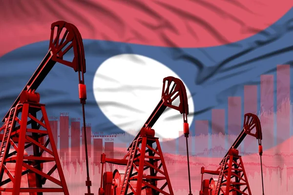 Industrial illustration of oil wells - Lao People Democratic Republic oil industry concept on flag background. 3D Illustration — Stock Photo, Image