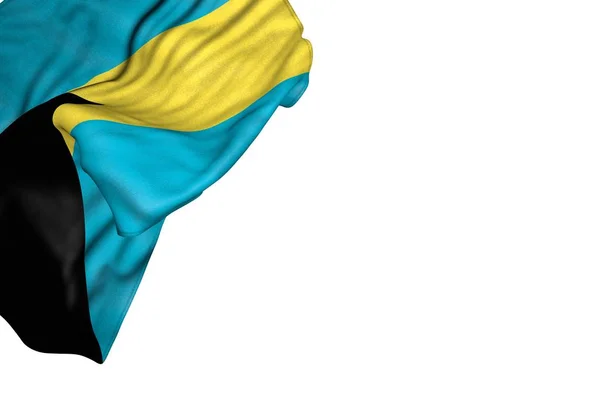 Beau drapeau des Bahamas avec de grands plis se trouvent dans le coin supérieur gauche isolé sur blanc - n'importe quel drapeau de fête illustration 3D — Photo