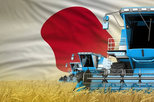 Три современных голубых комбайна с японским флагом на пшеничном поле - близкий обзор, концепция сельского хозяйства - промышленная 3D иллюстрация — стоковое фото