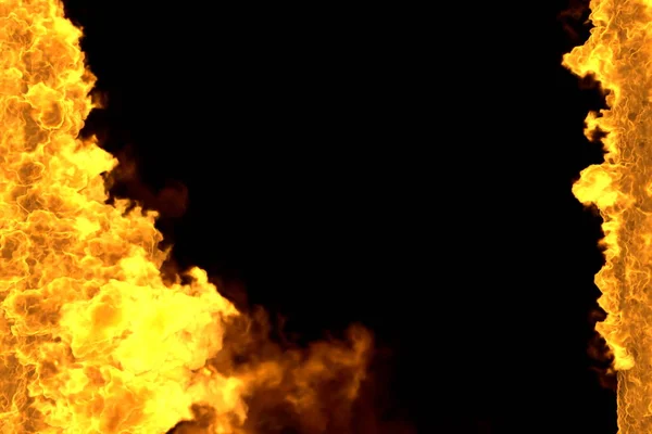 火3D插图的神秘炽热地狱框架孤立在黑色 - 顶部和底部是空的，火线从两侧左右 — 图库照片