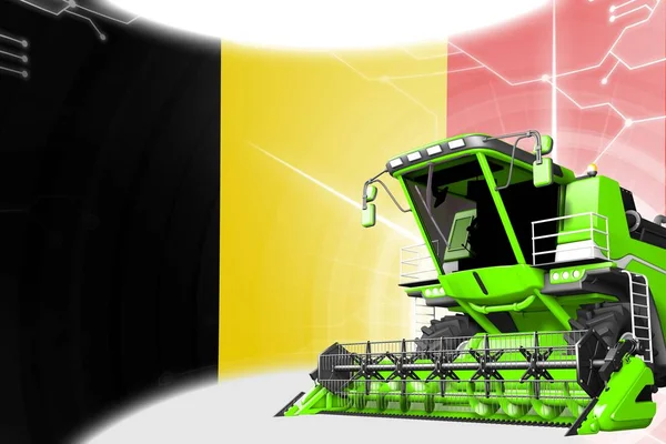 Digital industrial 3D illustration of green advanced rural combine harvester on Belgium flag - agriculture equipment innovation concept