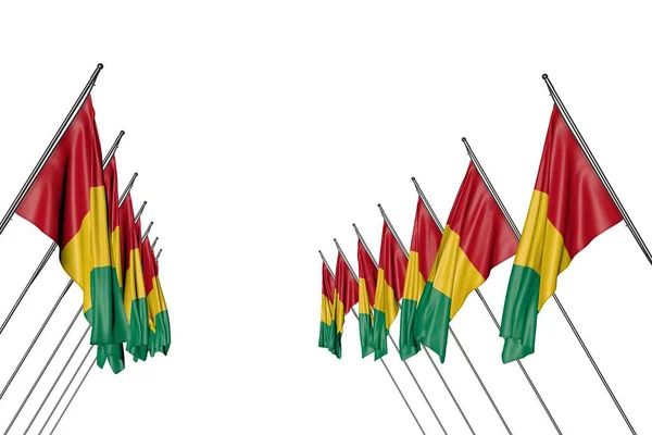 Mooie veel Guinea vlaggen opknoping op in hoek palen van links en rechts zijden geïsoleerd op wit-elke feest vlag 3D illustratie — Stockfoto
