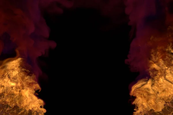 Płomień z obu dolnych rogach-ogień 3D ilustracja topniejącego piekła, rama z ciężkim dymem odizolowanym na czarnym tle — Zdjęcie stockowe