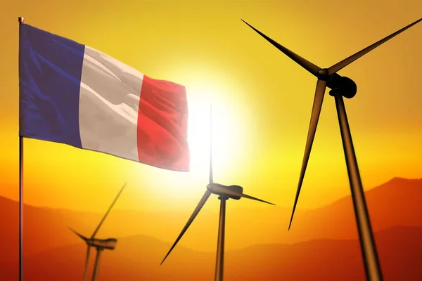 France wind energy, alternative energy environment concept with wind turbines and flag on sunset industrial illustration - renewable alternative energy, 3D illustration