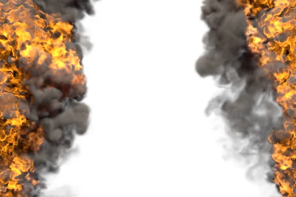 Beyaz izole ağır duman çerçevesi ile uzay ateşli cehennem - yanları sol ve sağ, üst ve alt tan yangın hatları boş - yangın 3d illüstrasyon — Stok fotoğraf