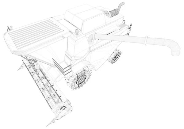 工业3D插图薄轮廓，详细的农业联合收割机与粮管隔离的3D绘图，农用车创新理念 — 图库照片