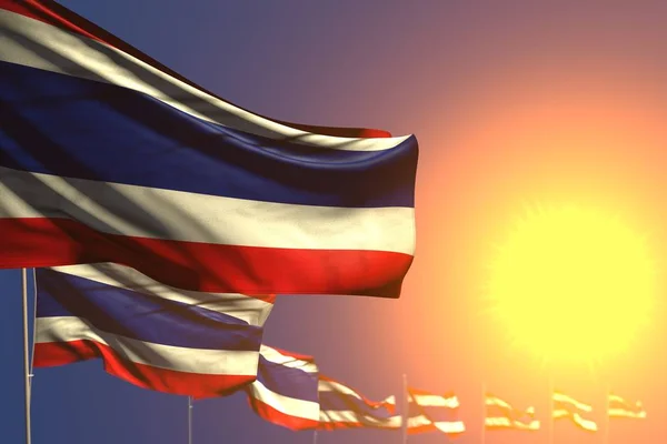 Pretty many Thailand flags on sunset placed diagonal with bokeh and space for your text - any occasion flag 3d illustration — Stock Photo, Image