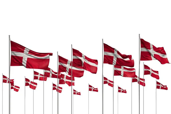 Beautiful many Denmark flags in a row isolated on white with free place for text - any holiday flag 3d illustration — Stock Photo, Image