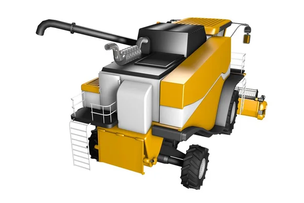 Ilustración industrial 3D de una enorme cosechadora de centeno amarillo renderizado con tubo de grano separado vista trasera superior aislada en blanco — Foto de Stock