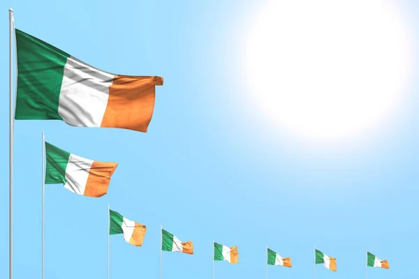 Wonderful many Ireland flags placed diagonal on blue sky with place for content - any feast flag 3d illustration — Stock Photo, Image