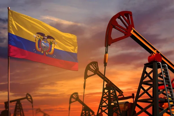 Ecuador oil industry concept. Industrial illustration - Ecuador flag and oil wells with the red and blue sunset or sunrise sky background - 3D illustration