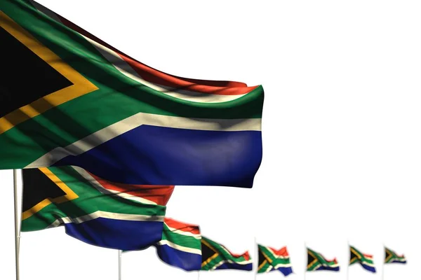 Maravilhosa África do Sul bandeiras isoladas colocado diagonal, ilustração com foco seletivo e lugar para o seu conteúdo - qualquer bandeira celebração ilustração 3d — Fotografia de Stock