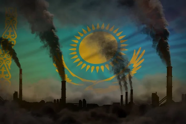 Pollution sombre, lutte contre le changement climatique concept - cheminées d'usine fumée lourde sur fond drapeau kazakh - illustration 3D industrielle — Photo