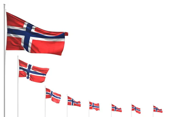 Beau de nombreux drapeaux de Norvège placés en diagonale isolé sur blanc avec place pour le texte - toute illustration 3d drapeau de fête — Photo